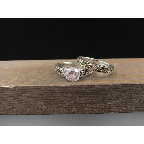 Jewelry - Size 7.25 Sterling Silver Two Tone Celtic Braid Cubic Zirconia Ring Set